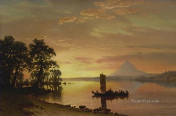 INDIOS EN EL RÍO COLUMBIA CON MONTE HOOD EN LA DISTANCIA Paisaje americano Albert Bierstadt Pinturas al óleo
